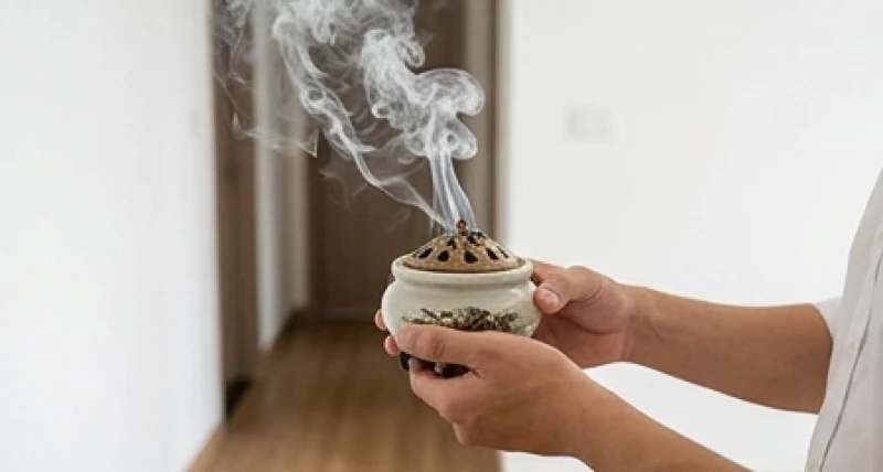 Gia chủ cầm lư xông chứa bồ kết bốc khói trắng di chuyển dọc theo các bức tường trong căn nhà trống
