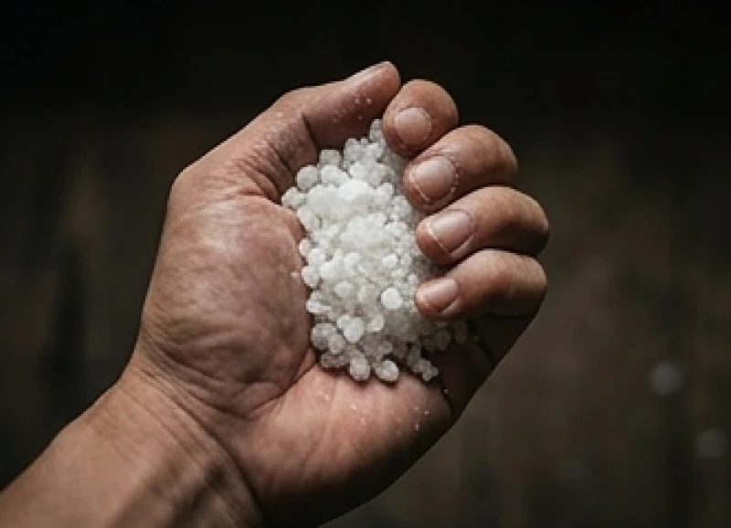 Bàn tay cầm một nắm muối hạt to chuẩn bị thực hiện nghi thức ném qua vai để giải trừ xui xẻo