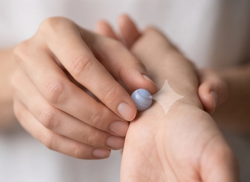 Người áp viên đá thạch anh mát lạnh lên vùng da tay để kiểm định truyền nhiệt tự nhiên