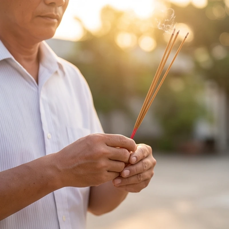 Người đàn ông chắp tay cầm nhang thành kính đứng trước đầu xe ô tô để đọc bài văn khấn tạ ơn cuối năm