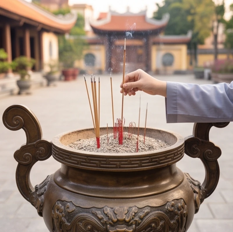 Văn khấn đi chùa đầu năm: Sắm lễ chuẩn và thứ tự hành lễ 2 Cắm nhang tại lư hương lớn ngoài sân chùa theo thế chân kiềng vững chãi tượng trưng cho Tam Tài
