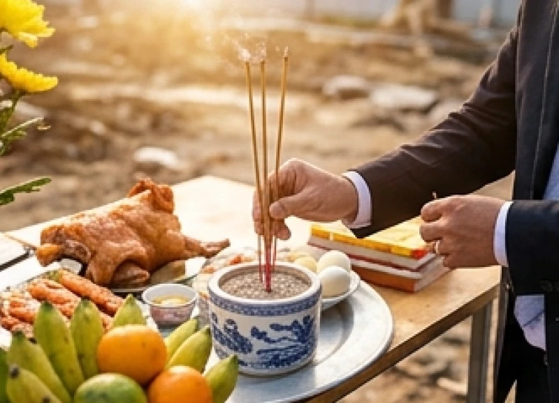 Bàn tay gia chủ đang cẩn thận cắm ba nén nhang rực cháy vào bát hương tạm đặt trên mâm lễ vật