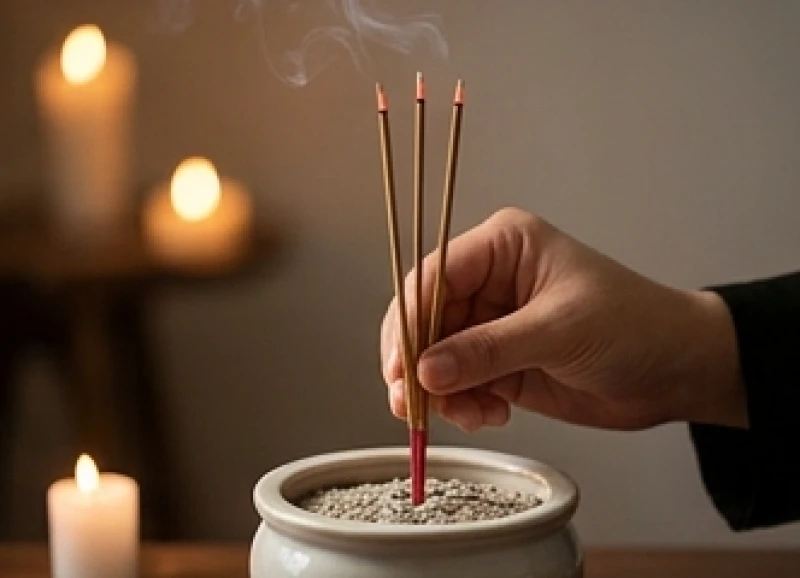 Văn khấn tại bàn thờ người mới mất: Tổng hợp bài khấn & sắm lễ 6 Hai bàn tay thành kính cắm ba nén nhang đỏ thẳng đứng vào chính giữa bát hương