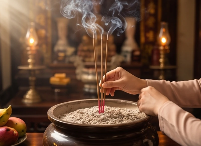 Đôi bàn tay cẩn thận cắm ba nén nhang đang cháy đỏ vào bát hương lớn tại ban thờ chính của miếu