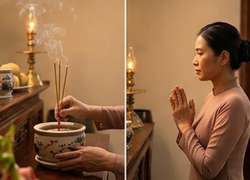 Gia chủ cắm vững nén nhang vào trung tâm bát hương trước khi lùi lại chắp tay đọc bài khấn dài