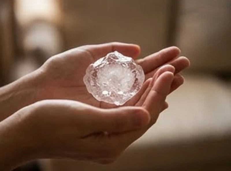Bàn tay nắm giữ một viên mưa đá trong suốt lấp lánh như pha lê dưới ánh sáng