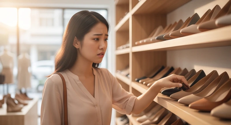 Mơ thấy mua giày: Giải mã điềm báo sự nghiệp & cách hóa giải 1 Gương mặt đăm chiêu của một người đang băn khoăn lựa chọn giữa nhiều đôi giày trên kệ gỗ