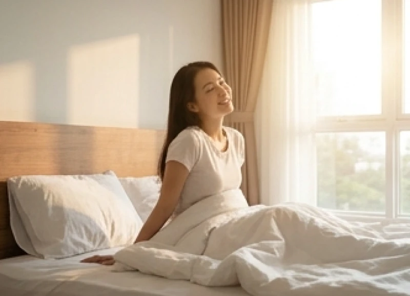 Cô gái thức dậy với gương mặt thư giãn và nhẹ nhõm sau giấc mơ báo điềm lành