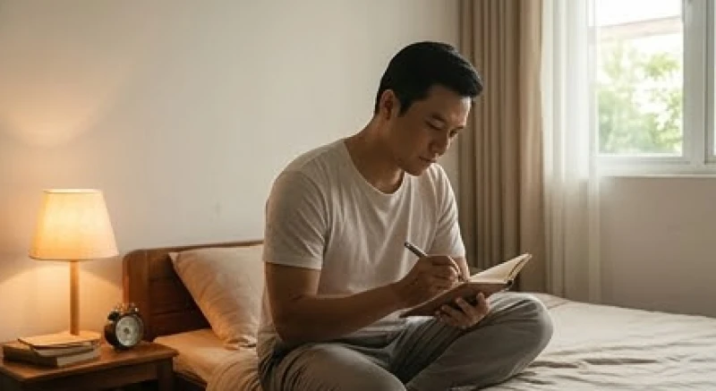Người đàn ông Việt Nam đang ghi chép lại cảm xúc sau giấc mơ thấy bạn cũ lâu ngày không gặp