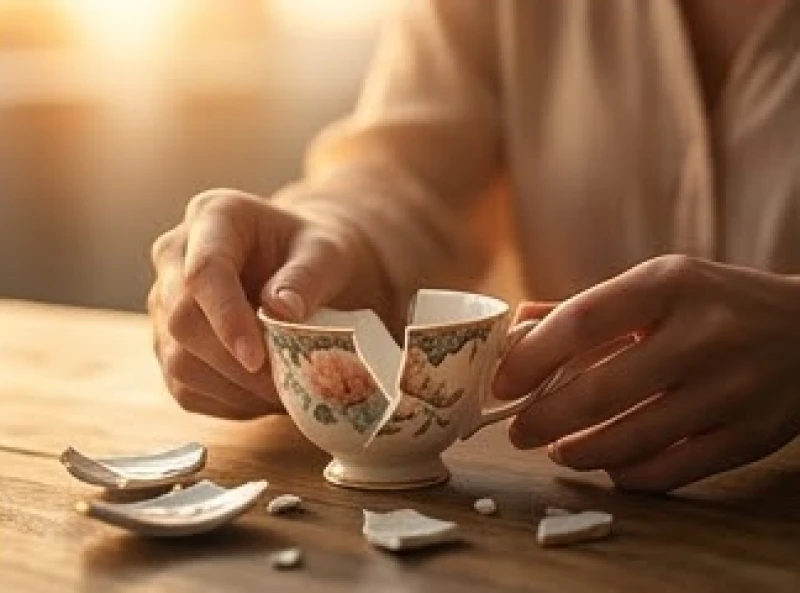 Mơ thấy đồ vật bị hỏng: Ý nghĩa từng loại và con số may mắn 8 Đôi bàn tay nhẹ nhàng nhặt những mảnh vỡ của tách trà với thái độ bình thản và chấp nhận