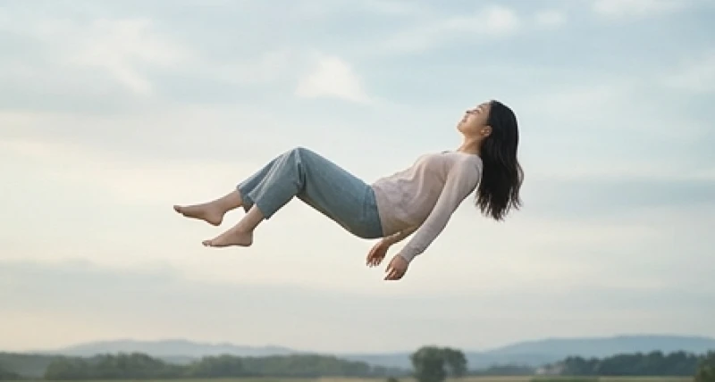 Một người lơ lửng nhẹ nhàng giữa không trung với phong thái thư thái, đối lập với trạng thái chới với sợ hãi