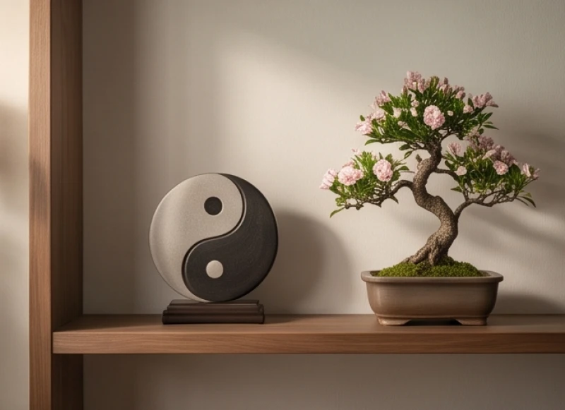 Biểu tượng thái cực và đồ trang trí phong thủy đại diện cho sự cân bằng âm dương