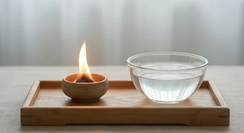 Biểu tượng nước và lửa hòa quyện tĩnh lặng trên chiếc khay gỗ mang đậm tính thiền
