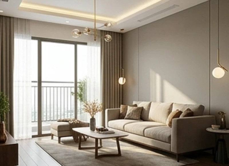 Không gian phòng khách ngập tràn ánh sáng tự nhiên với bộ sofa tựa lưng vào tường vững chãi