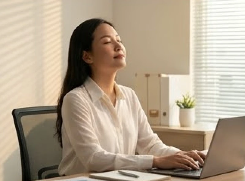Một người phụ nữ đang thư giãn hít thở sâu để giải tỏa căng thẳng công việc