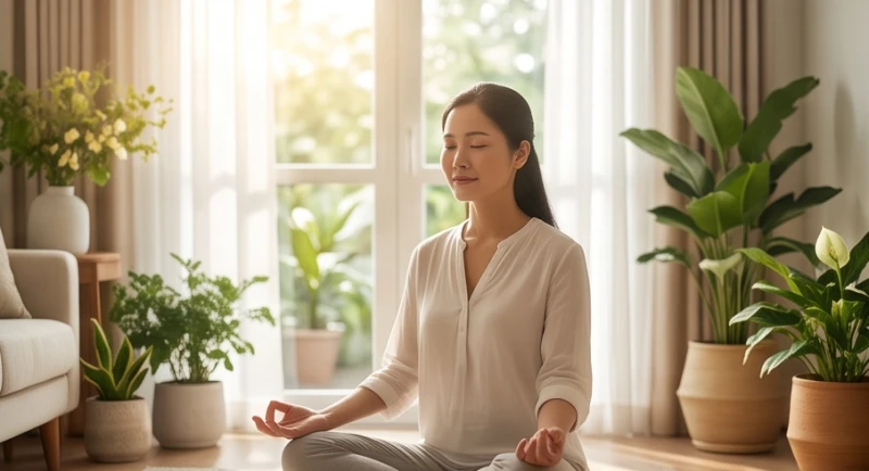 Người phụ nữ thiền định trong không gian tĩnh lặng để cân bằng tâm lý
