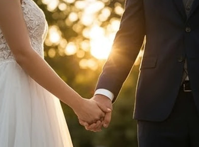 Mơ thấy cưới vợ là điềm gì: Phân tích kịch bản & số may mắn 8 Chú rể và cô dâu đan tay vào nhau thật chặt dưới ánh hoàng hôn vàng rực chiếu xuyên qua kẽ lá vô cùng lãng mạn