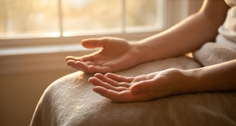 Bàn tay mở rộng thư giãn đặt trên đùi thể hiện trạng thái bình an và đón nhận