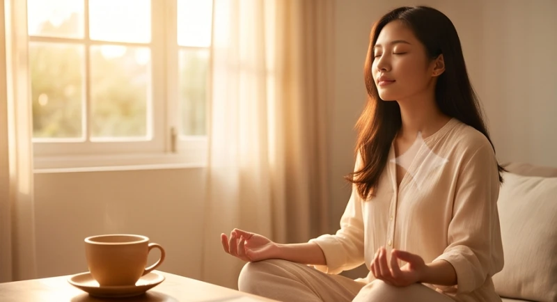 Đường tình duyên có đảo: Ý nghĩa từng vị trí và cách hóa giải 8 Một người phụ nữ đang ngồi thiền tĩnh tâm bên tách trà nóng để giải tỏa mọi áp lực tâm lý