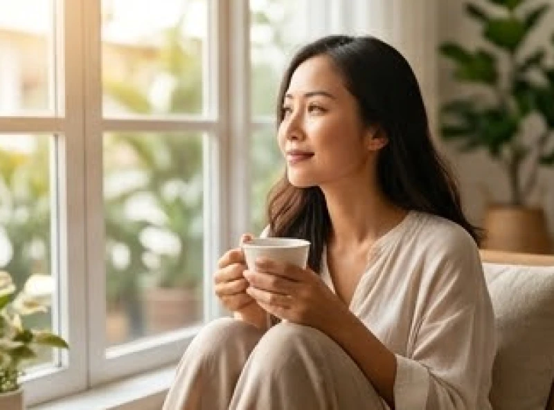 Đường tâm đạo có hai đường: Ý nghĩa, cách nhận biết và hóa giải 6 Người phụ nữ thư thái uống trà bên cửa sổ với phong thái tự tin và nội tâm tĩnh lặng
