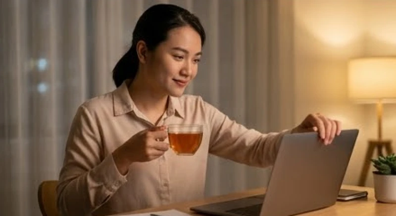 Mơ thấy đi xin việc: Giải mã điềm báo & hướng xử lý thực tế 7 Một nhân viên gập laptop lại và nhâm nhi tách trà để giải tỏa căng thẳng sau giờ hành chính