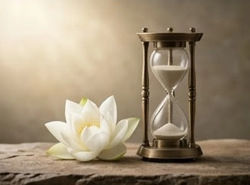 Một chiếc đồng hồ cát bằng đồng cổ kính và một nhành hoa sen trắng đặt cạnh nhau trên mặt đá