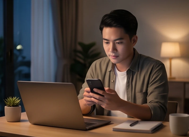 Người đàn ông bận rộn với công việc vào đêm muộn nhưng vẫn hướng sự quan tâm đến gia đình