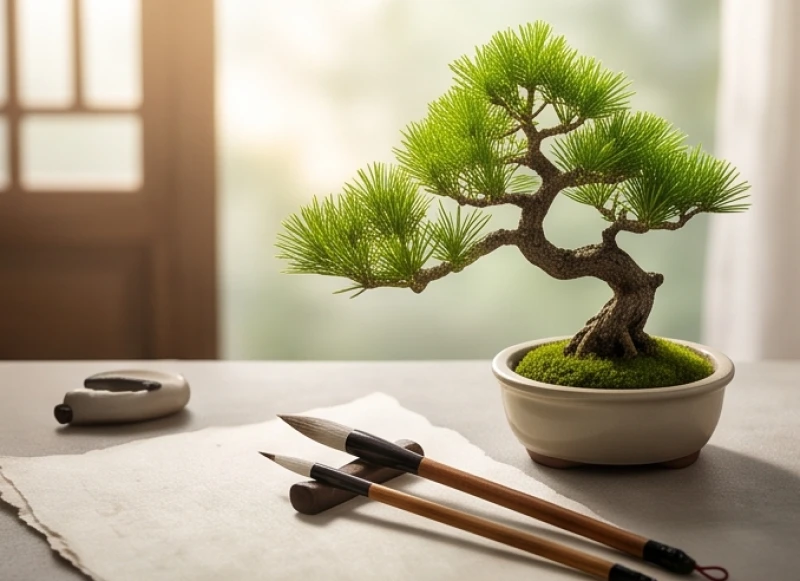 Tử vi tuổi Mậu Thìn 1988 năm 2026: Chi tiết sao hạn và xuất hành 2 Không gian làm việc thanh tịnh với bút lông giấy dó và một chậu cây bonsai tùng la hán nhỏ