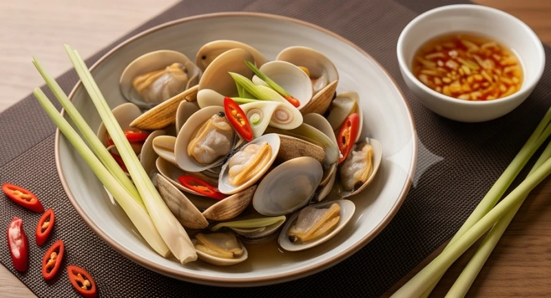 Âm dương ngũ hành là gì: Nguồn gốc, quy luật và ứng dụng thực tế 8 Đĩa ngao hấp sả ớt tỏa khói nghi ngút đi kèm bát nước mắm gừng tươi giúp cân bằng hàn nhiệt.
