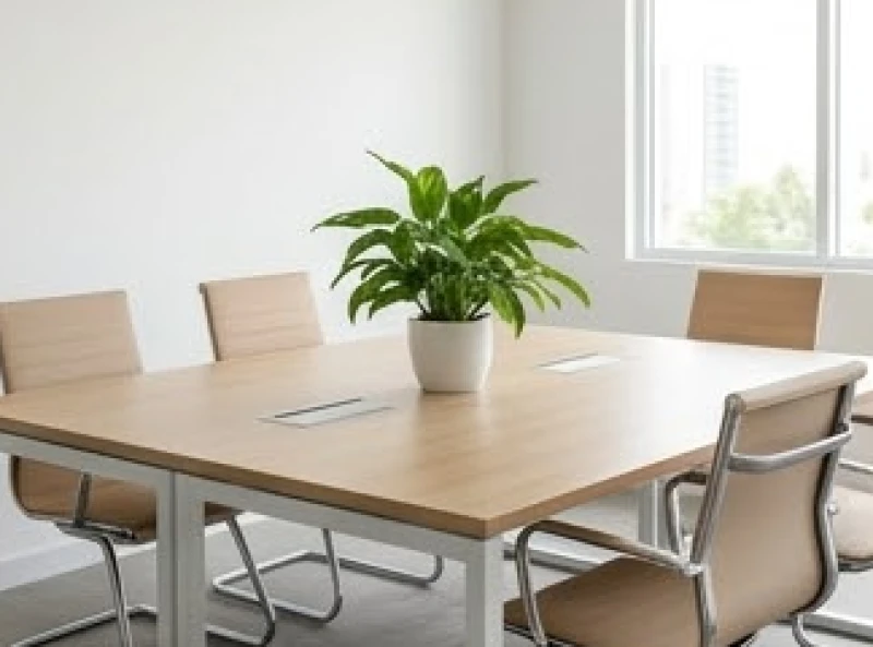 Bàn làm việc chung của đối tác kinh doanh được bố trí thêm cây xanh và đồ trang trí kim loại để tạo vòng tương sinh
