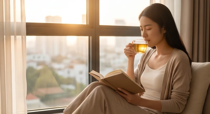 Mơ thấy đàn ông dê mình: Giải mã tâm lý nữ & bảng số may mắn 5 Người phụ nữ thư giãn uống trà đọc sách cạnh cửa sổ để tự chữa lành tâm lý sau một ngày dài