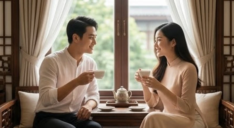 Cặp đôi ngồi thưởng trà trò chuyện vui vẻ thể hiện sự thấu hiểu và chia sẻ trong tình duyên gia đạo
