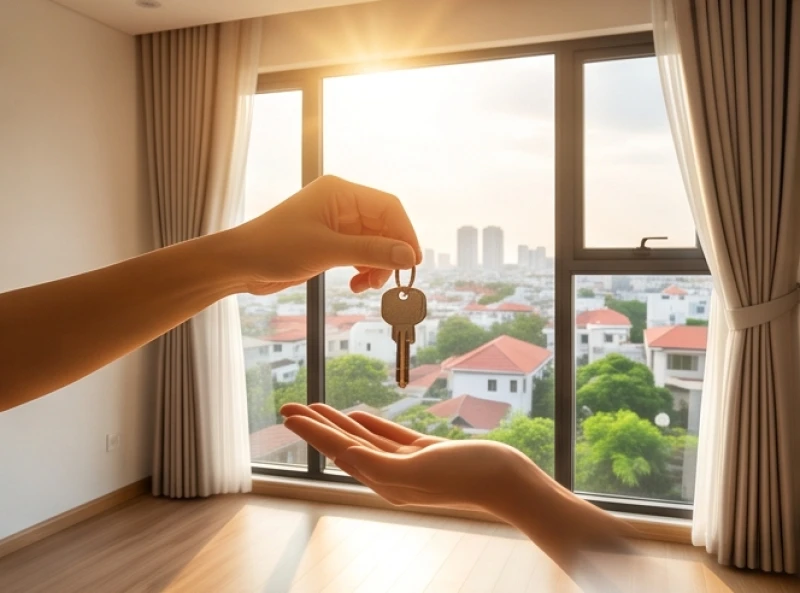 Gia đình đang nhận bàn giao chìa khóa căn hộ chung cư mới xây ngập tràn ánh sáng