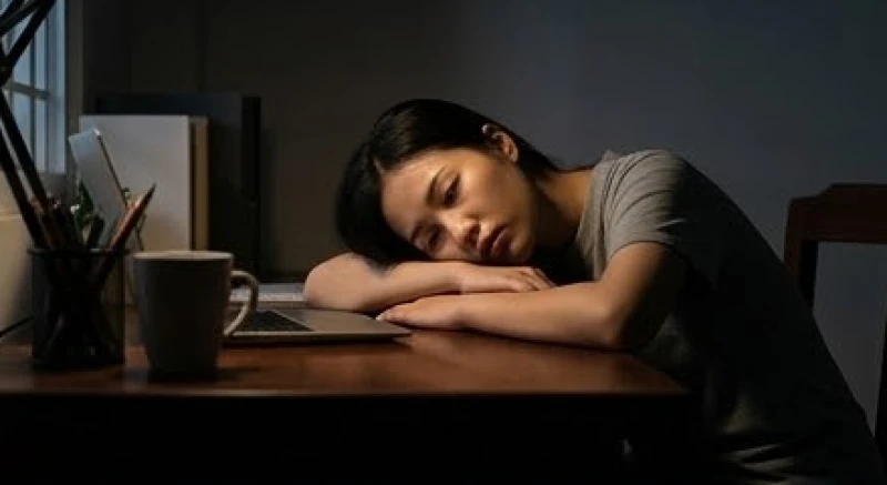 Mơ thấy dòng sông cạn nước: Giải mã cát hung và mẹo hóa giải 2 Người phụ nữ gục đầu mệt mỏi trên bàn làm việc trong căn phòng tối mờ do cạn kiệt sức lực