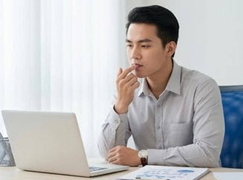 Người làm văn phòng đang suy nghĩ sau khi vô tình cắn phải môi trên