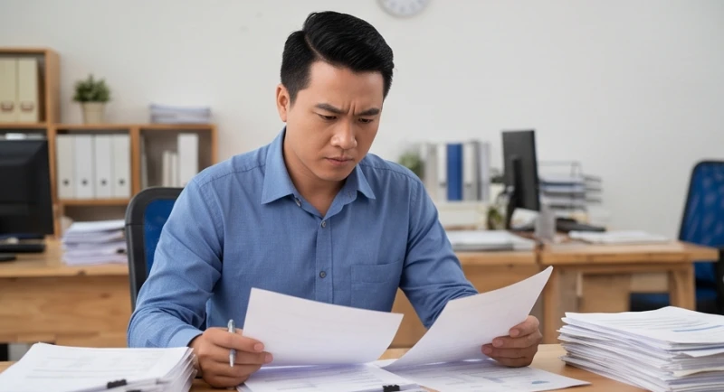 Người phụ nữ nhíu mày tập trung xử lý công việc và tài liệu trên bàn làm việc
