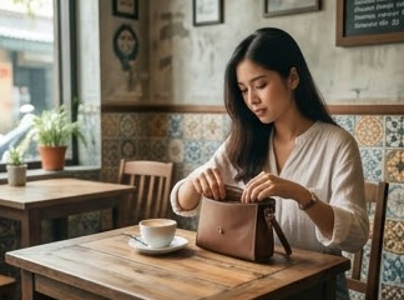 Người phụ nữ cẩn thận kiểm tra lại túi xách và tư trang trước khi rời khỏi quán cà phê
