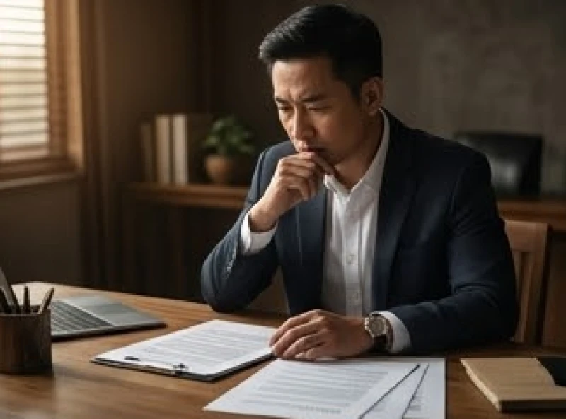 Một người đàn ông suy tư xem xét các tài liệu kinh doanh và hợp đồng quan trọng tại bàn làm việc