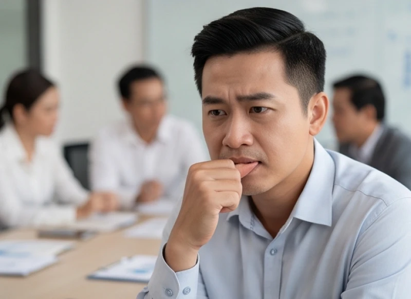 Nam giới thể hiện sự bối rối và kiềm chế trong một cuộc thảo luận căng thẳng tại môi trường văn phòng