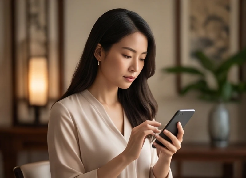 Vận hạn tuổi Thìn năm 2026: Bảng sao nam nữ & vật phẩm giải hạn 6 Người phụ nữ vô cùng cẩn trọng khi sử dụng điện thoại và xem xét thông tin trên mạng xã hội