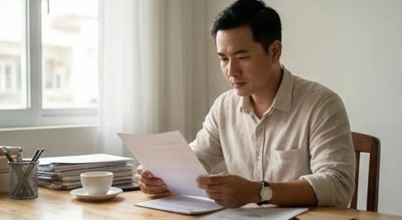 Người đàn ông tập trung đọc kỹ tài liệu trên bàn làm việc bên cạnh ly cà phê
