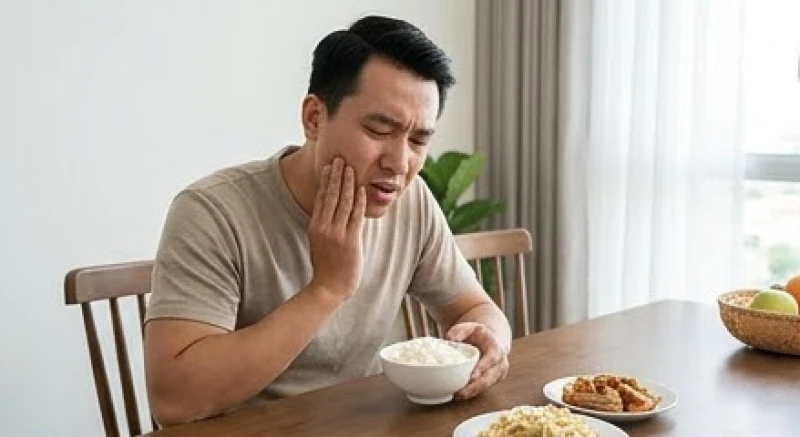 Cắn vào má trong khi ăn là điềm gì? Ý nghĩa theo giờ & sơ cứu 1 Người đàn ông dừng nhai và ôm má vì lỡ cắn trúng niêm mạc miệng trong bữa cơm