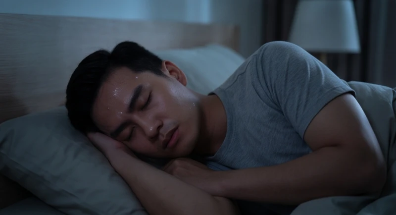 Chàng trai mệt mỏi nằm ngủ trên giường với mồ hôi trên trán do căng thẳng kéo dài và nồng độ cortisol cao