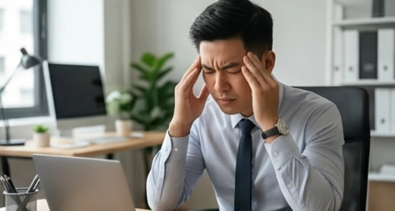 Nam nhân viên văn phòng đang xoa hai bên thái dương vì căng thẳng và quá tải trong công việc