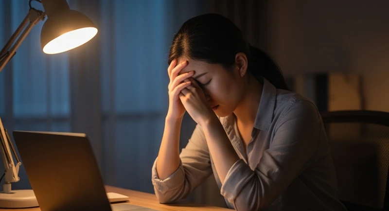 Người phụ nữ mệt mỏi gục đầu trên bàn làm việc giữa không gian phòng tối mờ ảo dưới ánh đèn vàng