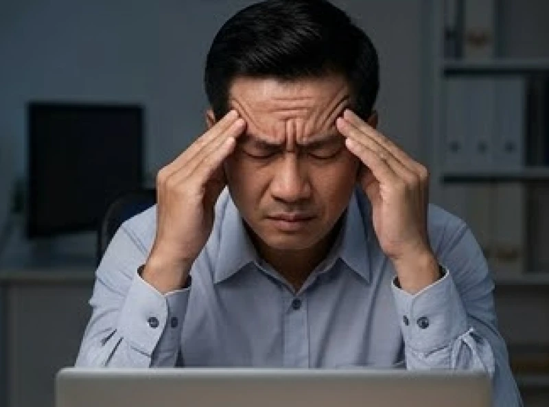 Tướng mạo có thay đổi theo thời gian không: Cơ chế và dấu hiệu 3 Người đàn ông mệt mỏi với nếp nhăn hằn sâu giữa hai lông mày do áp lực công việc kéo dài
