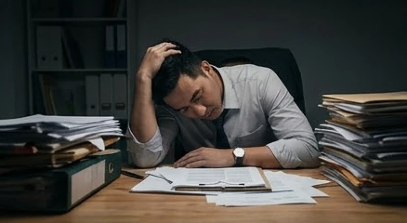 Mơ thấy nước lũ chảy xiết: Bảng tra con số và cách xoa dịu 3 Nam nhân viên văn phòng gục đầu xuống bàn làm việc thể hiện sự kiệt sức và căng thẳng tột độ