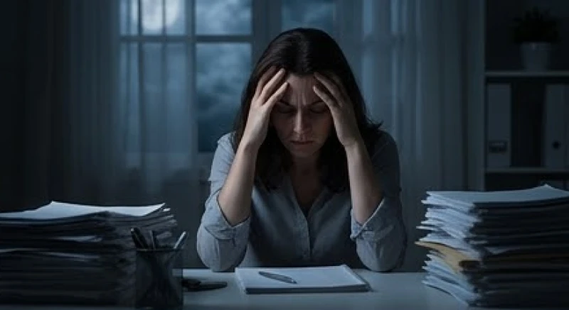 Mơ thấy người nhảy lầu chết: Bảng tra cứu số và cách an thần 2 Một người phụ nữ ôm đầu mệt mỏi gục xuống bàn làm việc với nhiều giấy tờ ngổn ngang phản ánh sự quá tải