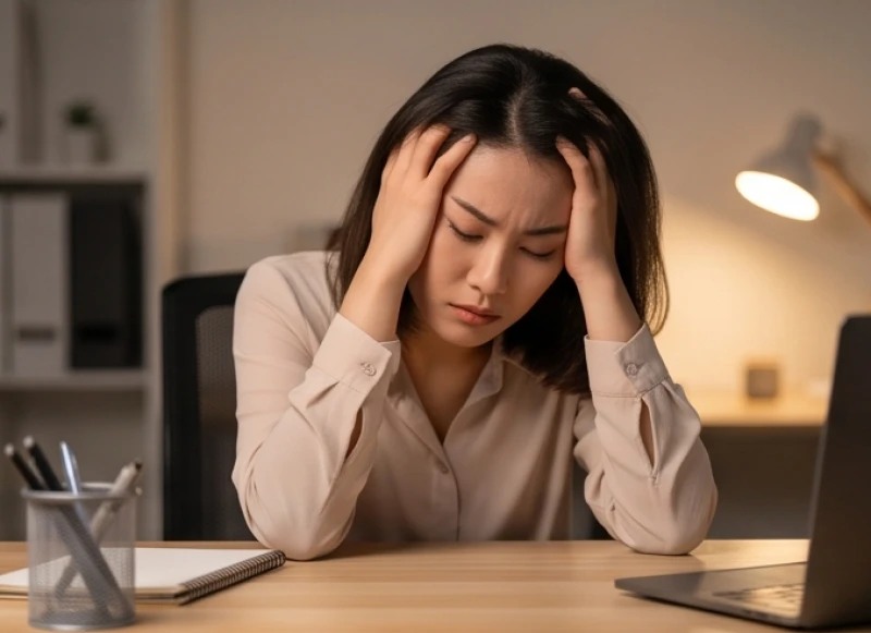 Mơ thấy bị sảy thai có máu: Ý nghĩa sắc máu và bộ số may mắn 1 Người phụ nữ chống tay lên trán mệt mỏi vì áp lực tinh thần và công việc