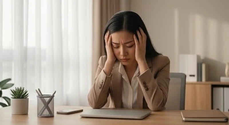 Mơ thấy bị đánh ghen là điềm gì: Giải mã bối cảnh & cách hóa giải 2 Một người nhân viên văn phòng đang ôm đầu mệt mỏi tại bàn làm việc